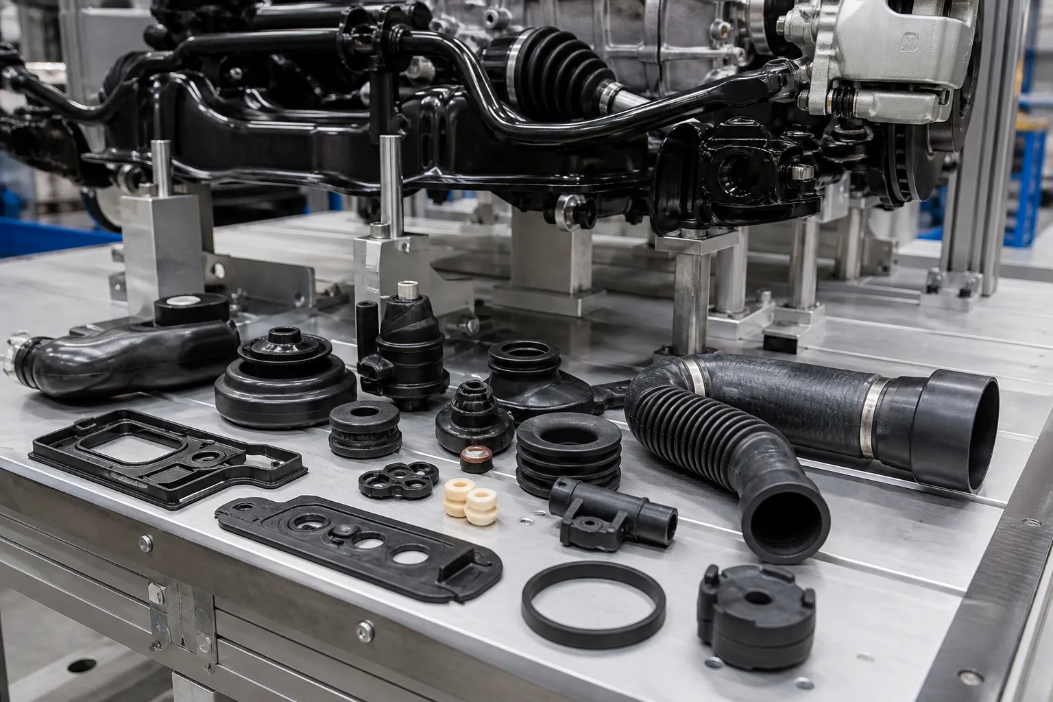 Automotive elastomer components at an assembly station