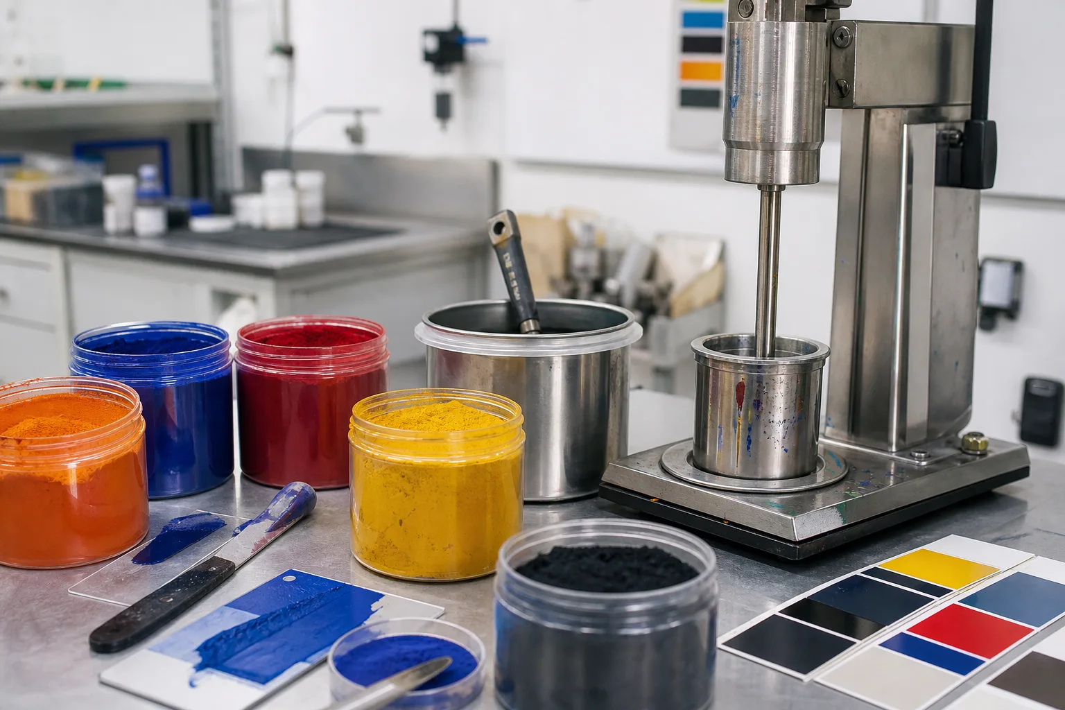 Pigments and coating samples in an industrial laboratory