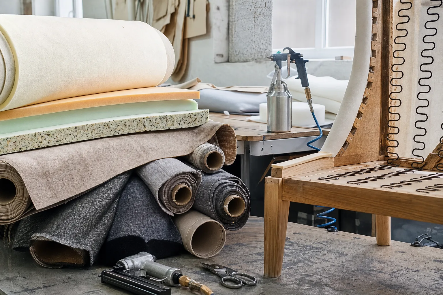 Foam, fabric, and furniture assembly materials