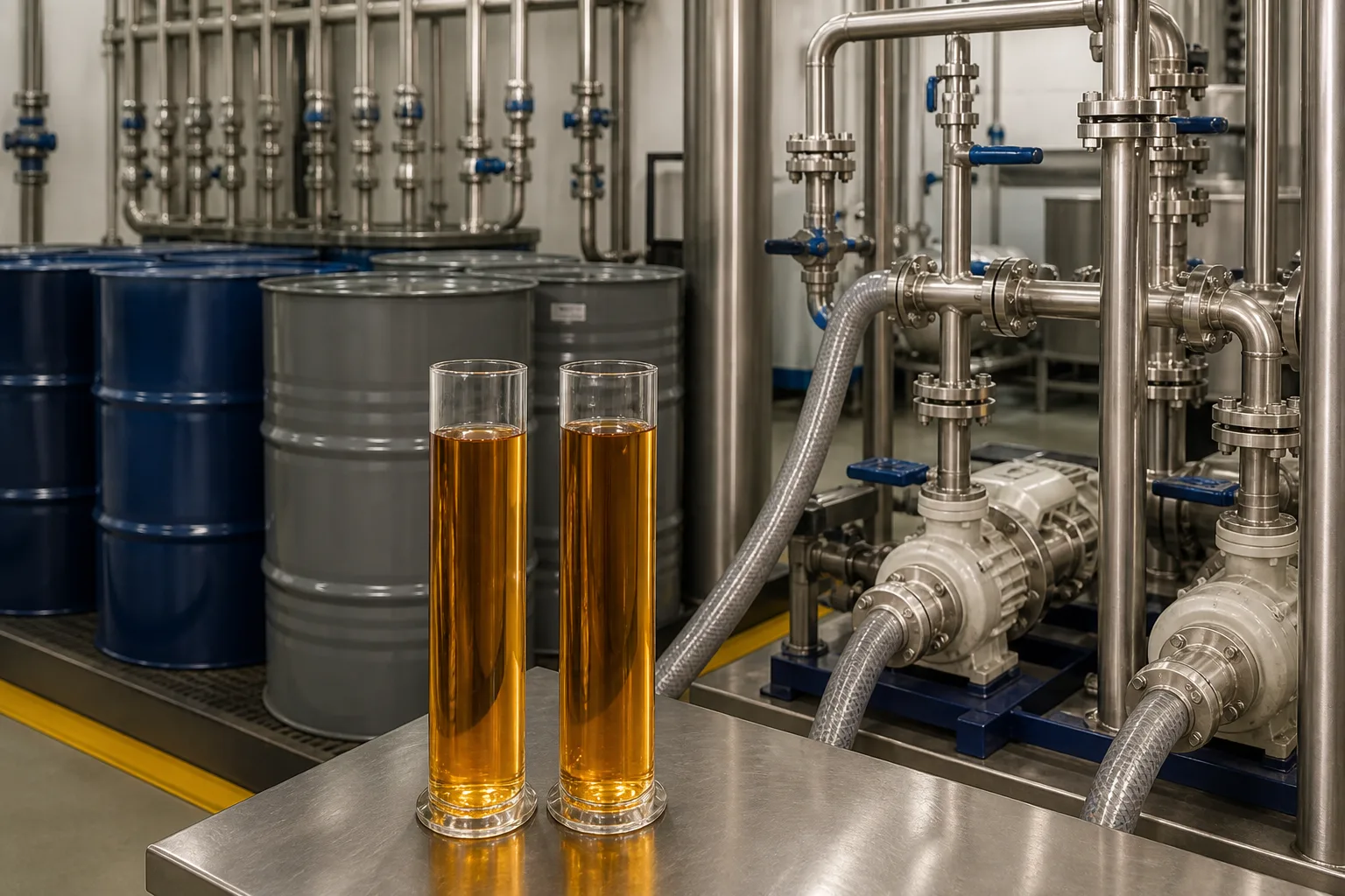 Base oil samples at an industrial blending facility