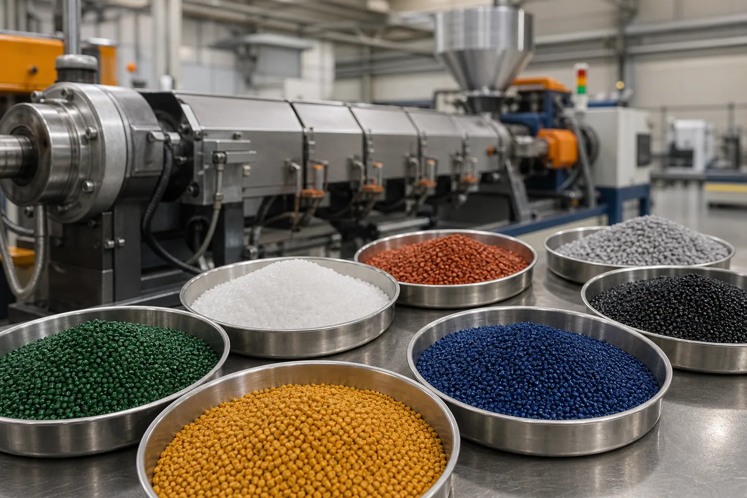 Plastic masterbatch pellets beside an extrusion line