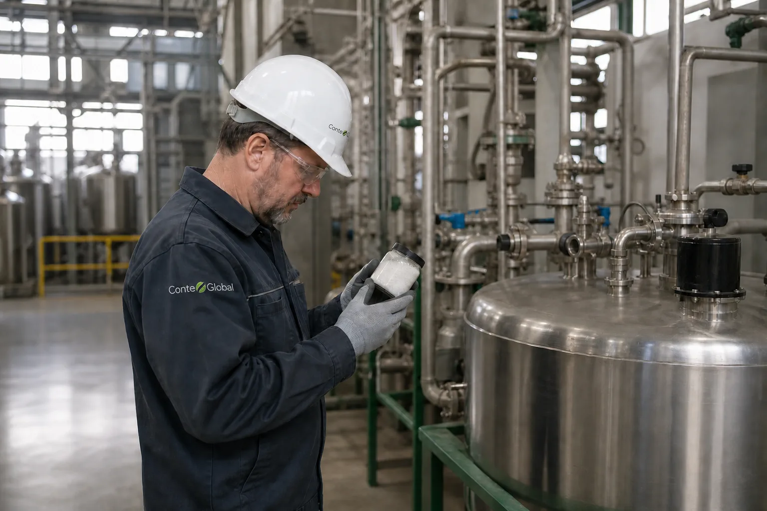 Conte Global professional reviewing a material sample at a production facility
