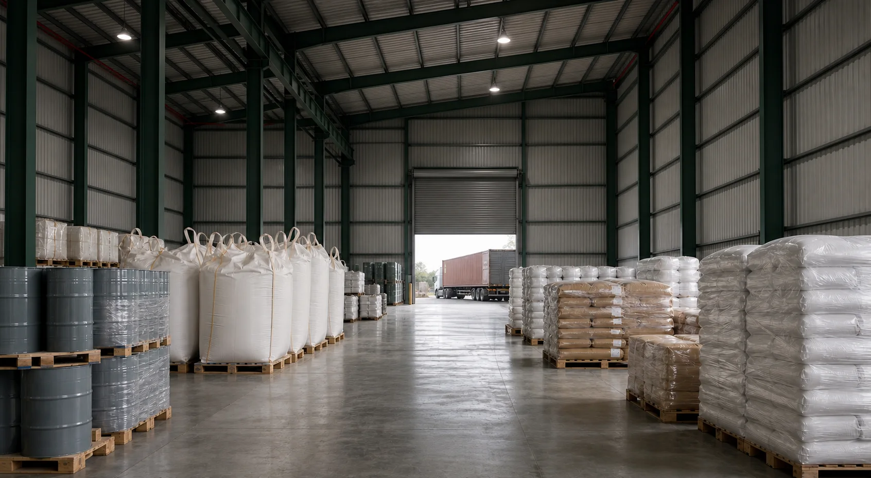 Industrial raw materials arranged in a high-bay warehouse